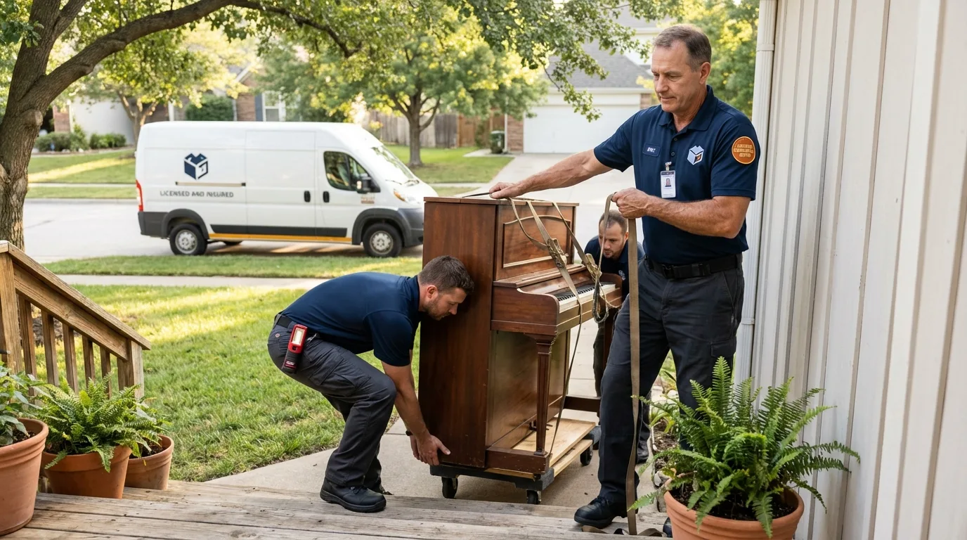 Licensed piano movers securing grand piano in Urbana, IA