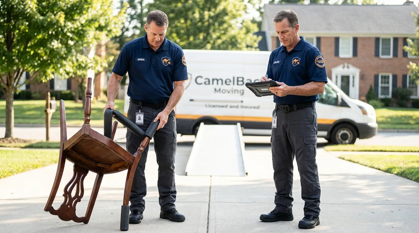 Movers inspecting furniture for damage prevention before loading in Urbana, IA