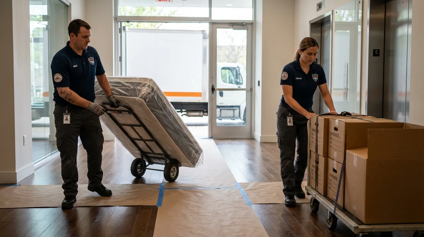 Professional apartment movers loading elevator in Urbana, IA