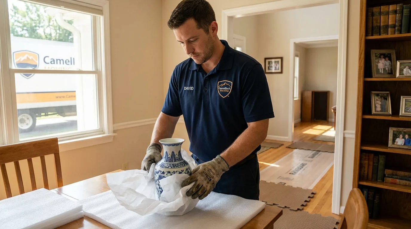 Professional crew carefully wrapping antique vase for senior downsizing move in Urbana, IA